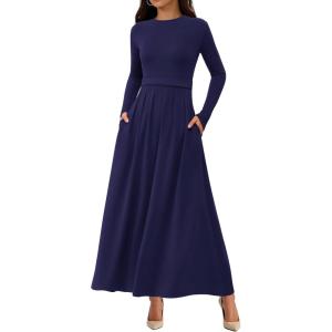 imageBTFBM Long Sleeve Dress for Women Spring Clothes 2026 Pockets Business Casual Pleated Fall Wedding Guest DressesNavy Blue