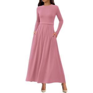 imageBTFBM Long Sleeve Dress for Women Spring Clothes 2026 Pockets Business Casual Pleated Fall Wedding Guest DressesPink