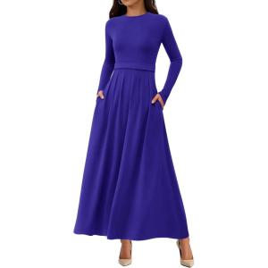 imageBTFBM Long Sleeve Dress for Women Spring Clothes 2026 Pockets Business Casual Pleated Fall Wedding Guest DressesRoyal Blue