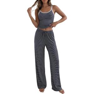 imageBTFBM Lounge Sets For Women 2026 Striped 2 Piece Sets Spaghetti Strap Summer Tops Wide Leg Pants Beach Vacation OutfitsStriped Navy White