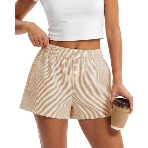 imageBTFBM Striped Boxer Shorts for Women 2026 Spring Summer Y2k Vacation Beach Bottoms Lounge Sleep Pajama PJ Pants ClothesKhaki White