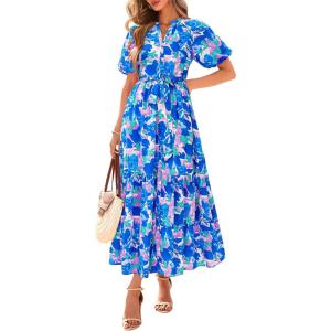 imageBTFBM Summer Dresses for Women 2026 Boho Short Sleeve V Neck Button Belt Flowy Spring Clothes Beach Vacation Maxi DressFloral Blue Purple White