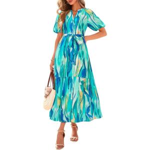imageBTFBM Summer Dresses for Women 2026 Boho Short Sleeve V Neck Button Belt Flowy Spring Clothes Beach Vacation Maxi DressFloral Light Green White
