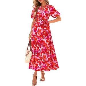 imageBTFBM Summer Dresses for Women 2026 Boho Short Sleeve V Neck Button Belt Flowy Spring Clothes Beach Vacation Maxi DressFloral Orange Pink White