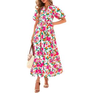 imageBTFBM Summer Dresses for Women 2026 Boho Short Sleeve V Neck Button Belt Flowy Spring Clothes Beach Vacation Maxi DressFloral Pink Green