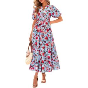 imageBTFBM Summer Dresses for Women 2026 Boho Short Sleeve V Neck Button Belt Flowy Spring Clothes Beach Vacation Maxi DressFloral Red Blue