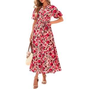 imageBTFBM Summer Dresses for Women 2026 Boho Short Sleeve V Neck Button Belt Flowy Spring Clothes Beach Vacation Maxi DressFloral Red Orange Pink