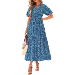 imageBTFBM Summer Dresses for Women 2026 Boho Short Sleeve V Neck Button Belt Flowy Spring Clothes Beach Vacation Maxi DressPrint Aqua Green Blue