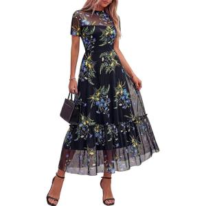 imageBTFBM Summer Dresses for Women 2026 Mesh Short Sleeve Floral Print Ruffle Long Boho Wedding Guest Dress CocktailFloral Black Blue