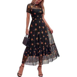 imageBTFBM Summer Dresses for Women 2026 Mesh Short Sleeve Floral Print Ruffle Long Boho Wedding Guest Dress CocktailFloral Black Orange