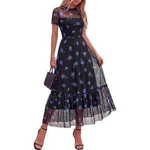 imageBTFBM Summer Dresses for Women 2026 Mesh Short Sleeve Floral Print Ruffle Long Boho Wedding Guest Dress CocktailFloral Black Royal Blue