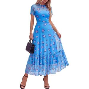 imageBTFBM Summer Dresses for Women 2026 Mesh Short Sleeve Floral Print Ruffle Long Boho Wedding Guest Dress CocktailFloral Light Blue Purple