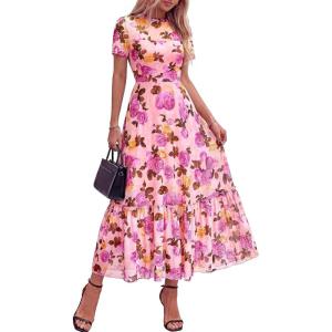 imageBTFBM Summer Dresses for Women 2026 Mesh Short Sleeve Floral Print Ruffle Long Boho Wedding Guest Dress CocktailFloral Pink Purple