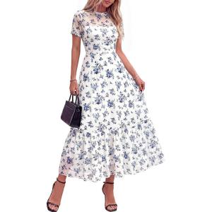 imageBTFBM Summer Dresses for Women 2026 Mesh Short Sleeve Floral Print Ruffle Long Boho Wedding Guest Dress CocktailFloral White Blue
