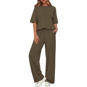 imageBTFBM Summer Outfits For Women 2026 Two Piece Sets Casual Short Sleeve Spring Tops Wide Leg Pants Matching Lounge SetArmy Green