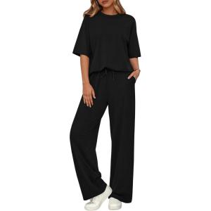 imageBTFBM Summer Outfits For Women 2026 Two Piece Sets Casual Short Sleeve Spring Tops Wide Leg Pants Matching Lounge SetBlack