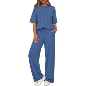 imageBTFBM Summer Outfits For Women 2026 Two Piece Sets Casual Short Sleeve Spring Tops Wide Leg Pants Matching Lounge SetBlue