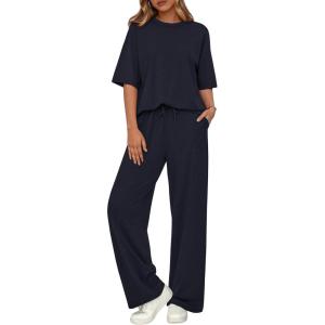 imageBTFBM Summer Outfits For Women 2026 Two Piece Sets Casual Short Sleeve Spring Tops Wide Leg Pants Matching Lounge SetNavy