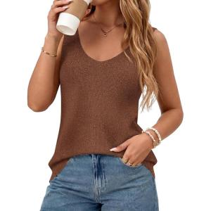 imageBTFBM Sweater Vest Women 2026 Spring Summer Sleeveless V Neck Sparkle Knit Basic Loose Fit Tank Tops Vacation OutfitsBrown
