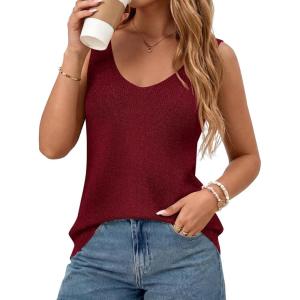 imageBTFBM Sweater Vest Women 2026 Spring Summer Sleeveless V Neck Sparkle Knit Basic Loose Fit Tank Tops Vacation OutfitsBurgundy