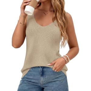 imageBTFBM Sweater Vest Women 2026 Spring Summer Sleeveless V Neck Sparkle Knit Basic Loose Fit Tank Tops Vacation OutfitsLight Khaki