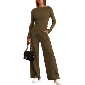 imageBTFBM Two Piece Sets For Women Fall 2025 Airport Outfits Asymmetrical Boat Neck Tops Wide Leg Pants Matching Lounge SetArmy Green
