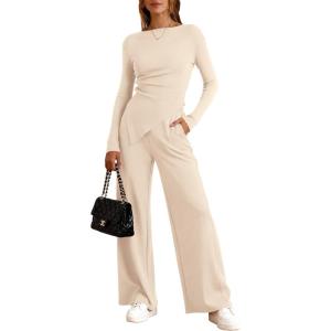 imageBTFBM Two Piece Sets For Women Fall 2025 Airport Outfits Asymmetrical Boat Neck Tops Wide Leg Pants Matching Lounge SetBeige