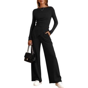 imageBTFBM Two Piece Sets For Women Fall 2025 Airport Outfits Asymmetrical Boat Neck Tops Wide Leg Pants Matching Lounge SetBlack