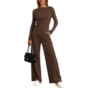 imageBTFBM Two Piece Sets For Women Fall 2025 Airport Outfits Asymmetrical Boat Neck Tops Wide Leg Pants Matching Lounge SetBrown