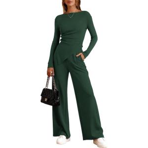 imageBTFBM Two Piece Sets For Women Fall 2025 Airport Outfits Asymmetrical Boat Neck Tops Wide Leg Pants Matching Lounge SetDark Green