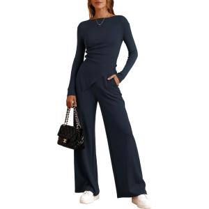 imageBTFBM Two Piece Sets For Women Fall 2025 Airport Outfits Asymmetrical Boat Neck Tops Wide Leg Pants Matching Lounge SetDark Sea Blue