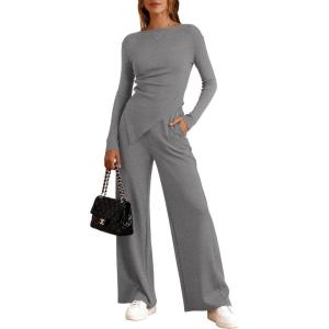 imageBTFBM Two Piece Sets For Women Fall 2025 Airport Outfits Asymmetrical Boat Neck Tops Wide Leg Pants Matching Lounge SetGrey