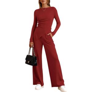 imageBTFBM Two Piece Sets For Women Fall 2025 Airport Outfits Asymmetrical Boat Neck Tops Wide Leg Pants Matching Lounge SetRed