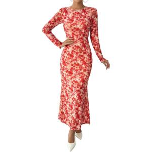 imageBTFBM Wedding Guest Dresses for Women Spring Fashion 2026 Bodycon Crew Neck Long Sleeve Boho Mesh Floral Maxi Fall DressApricot Red Flower