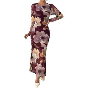 imageBTFBM Wedding Guest Dresses for Women Spring Fashion 2026 Bodycon Crew Neck Long Sleeve Boho Mesh Floral Maxi Fall DressBurgundy