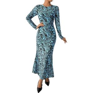 imageBTFBM Wedding Guest Dresses for Women Spring Fashion 2026 Bodycon Crew Neck Long Sleeve Boho Mesh Floral Maxi Fall DressFloral Blue Black