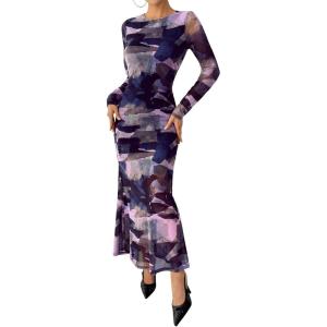 imageBTFBM Wedding Guest Dresses for Women Spring Fashion 2026 Bodycon Crew Neck Long Sleeve Boho Mesh Floral Maxi Fall DressNavy