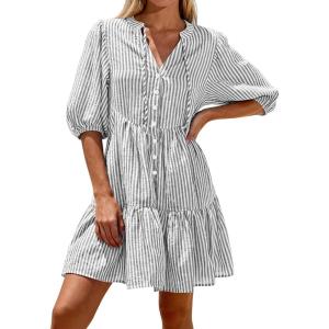 imageBTFBM Women Summer Dresses 2026 Striped Mini Dress Half Sleeve Button Down Tiered Flowy Beach Vacation Outfits PocketsBlack