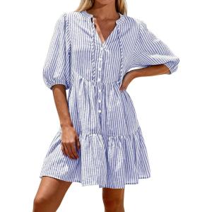 imageBTFBM Women Summer Dresses 2026 Striped Mini Dress Half Sleeve Button Down Tiered Flowy Beach Vacation Outfits PocketsBlue