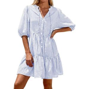 imageBTFBM Women Summer Dresses 2026 Striped Mini Dress Half Sleeve Button Down Tiered Flowy Beach Vacation Outfits PocketsLight Blue