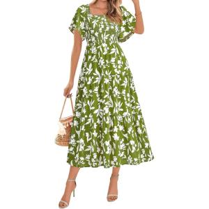 imageBTFBM Womens Clothing Wedding Guest Dresses Casual Boho Floral Short Sleeve Smocked Maxi Beach Spring Summer Dress 2026Floral Army Green White