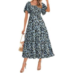 imageBTFBM Womens Clothing Wedding Guest Dresses Casual Boho Floral Short Sleeve Smocked Maxi Beach Spring Summer Dress 2026Floral Blue Yellow