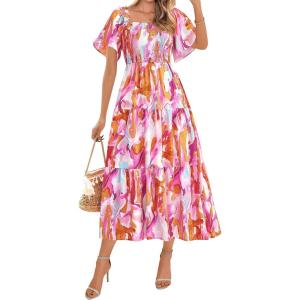 imageBTFBM Womens Clothing Wedding Guest Dresses Casual Boho Floral Short Sleeve Smocked Maxi Beach Spring Summer Dress 2026Floral Brown Purple