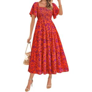 imageBTFBM Womens Clothing Wedding Guest Dresses Casual Boho Floral Short Sleeve Smocked Maxi Beach Spring Summer Dress 2026Floral Orange Purple