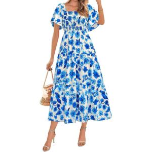 imageBTFBM Womens Clothing Wedding Guest Dresses Casual Boho Floral Short Sleeve Smocked Maxi Beach Spring Summer Dress 2026Floral White Blue