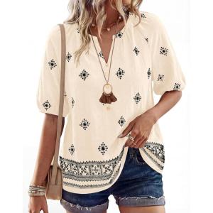 imageBTFBM Womens Summer Boho Tops Casual V Neck Short Sleeve Blouses Floral Print Shirt Tie Front Beach Vacation Fashion ClothingFloral Apricot Black