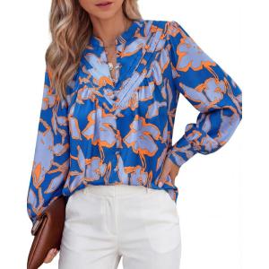 imageBTFBM Womens Tops Dressy Casual Spring 2026 Boho Floral V Neck Long Sleeve Half Button Down Shirt Work Business BlousesBig Floral Blue