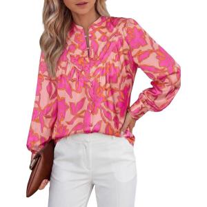 imageBTFBM Womens Tops Dressy Casual Spring 2026 Boho Floral V Neck Long Sleeve Half Button Down Shirt Work Business BlousesBig Floral Red