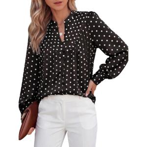 imageBTFBM Womens Tops Dressy Casual Spring 2026 Boho Floral V Neck Long Sleeve Half Button Down Shirt Work Business BlousesDot Black White