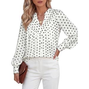 imageBTFBM Womens Tops Dressy Casual Spring 2026 Boho Floral V Neck Long Sleeve Half Button Down Shirt Work Business BlousesDot White Black